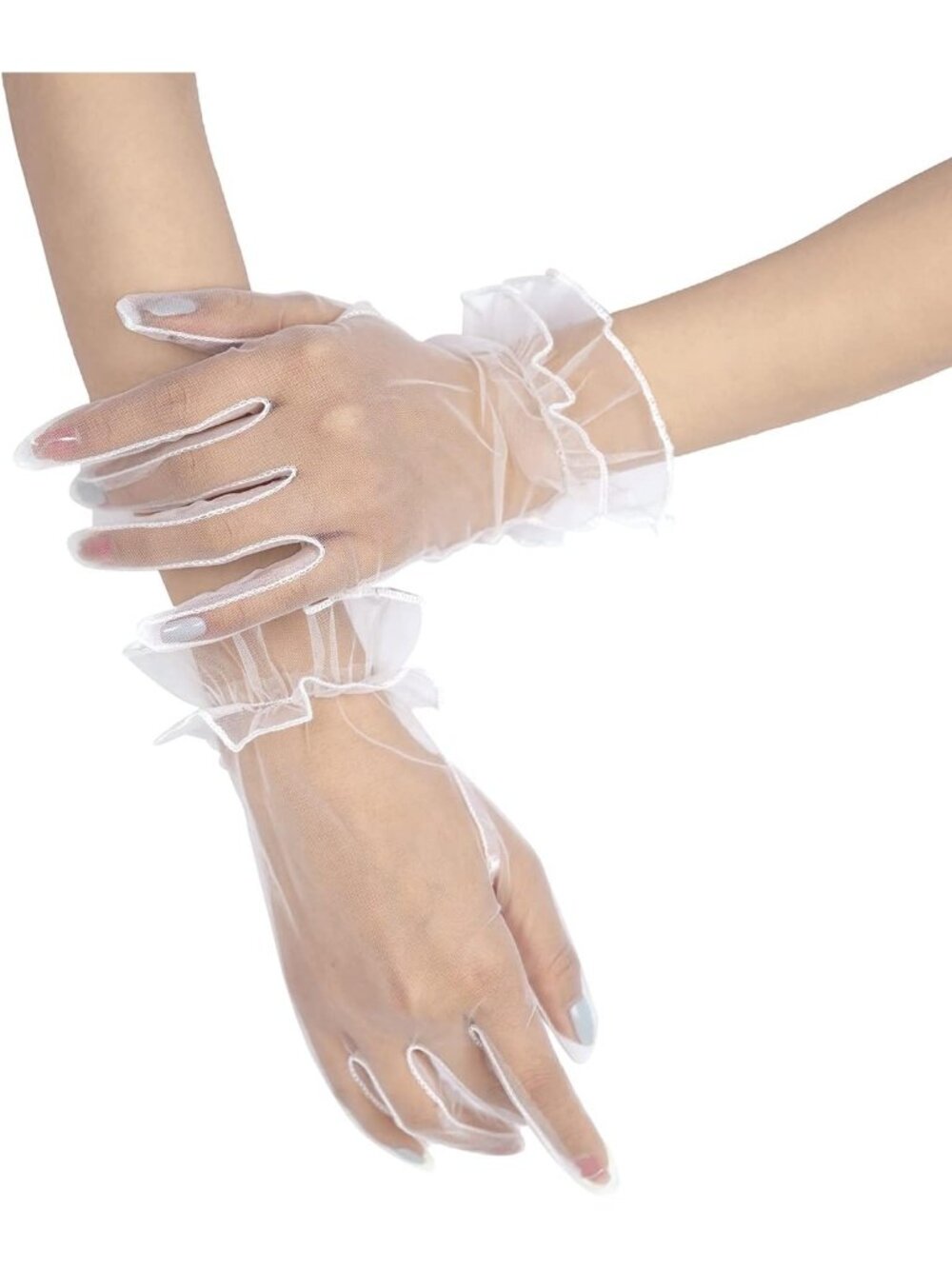Women's White Ruffled Short Sheer Wrist Length Halloween Tulle Mesh Gloves